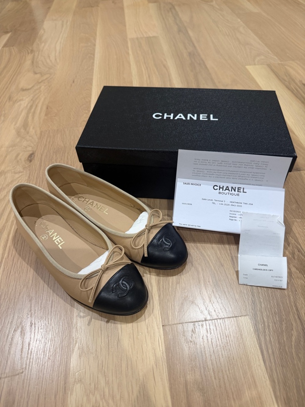 Chanel Two-Tone Beige and Black Cap-Toe Ballet Flats